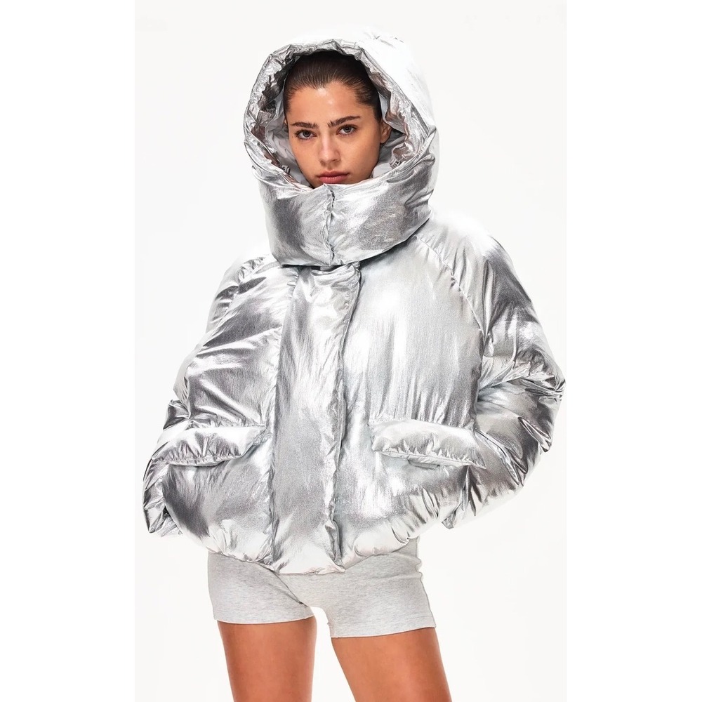 KHY Kylie Jenner Standard Puffer Jacket XXS Silver Metallic Oversized Hooded - Picture 3 of 14